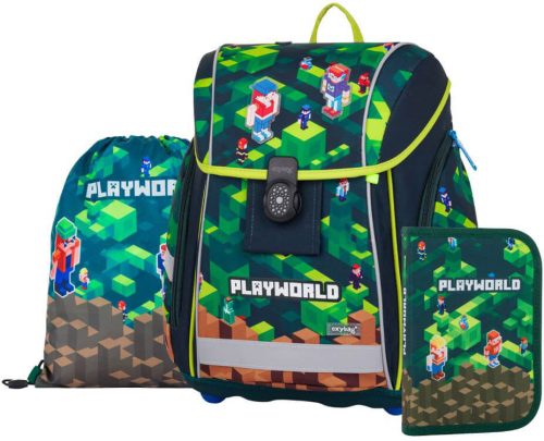 Minecraft mintás mágneszáras ergonómikus iskolatáska tolltartóval és tornazsákkal, Premium Light, Playworld