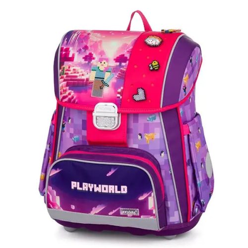 Minecraft mintás csatos ergonómikus iskolatáska tolltartóval és tornazsákkal, Premium, Playworld Girl, lila-rózsaszín