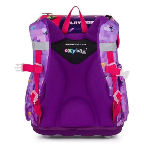 Minecraft mintás csatos ergonómikus iskolatáska tolltartóval és tornazsákkal, Premium, Playworld Girl, lila-rózsaszín