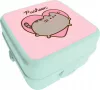 Pusheen cicás uzsonnás doboz, 14x14x8cm, zöld-rózsaszín