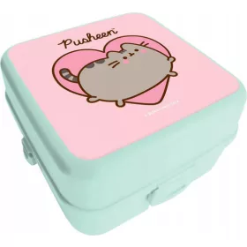 Pusheen cicás uzsonnás doboz, 14x14x8cm, zöld-rózsaszín