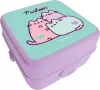 Pusheen cicás uzsonnás doboz, 14x14x8cm, lila-zöld
