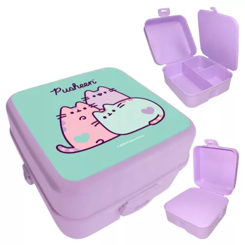 Pusheen cicás uzsonnás doboz, 14x14x8cm, lila-zöld