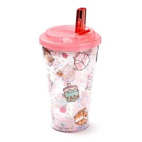   Pusheen cicás pohár szívószálas tetővel, 500 ml, Pusheen és az italok