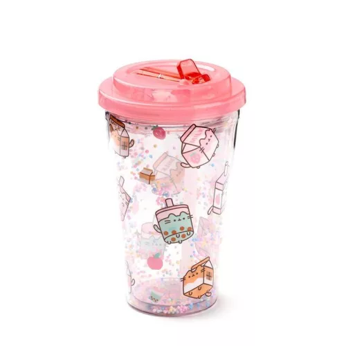Pusheen cicás pohár szívószálas tetővel, 500 ml, Pusheen és az italok