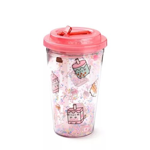 Pusheen cicás pohár szívószálas tetővel, 500 ml, Pusheen és az italok