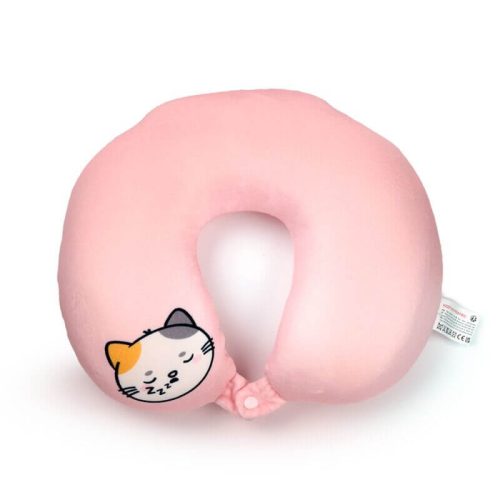 2 az 1-ben kifordítható utazópárna és plüss figura, macska, rózsaszín