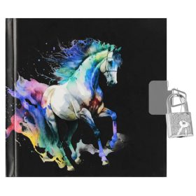   Lovas napló kulccsal, 13x13cm, szivárványos ló fekete háttérrel