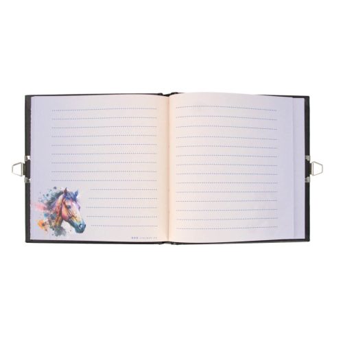 Lovas napló kulccsal, 13x13cm, szivárványos ló fekete háttérrel