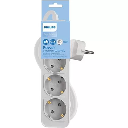 Elosztósor, 3 csatlakozóaljzat, 1,5 m kábel, PHILIPS, fehér