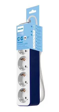 Elosztósor, 4 csatlakozóaljzat, 1,5 m kábel, PHILIPS, fehér-kék