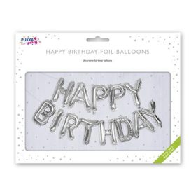   Léggömb, 40 cm, PUKKA PAD "Happy Birthday", ezüst