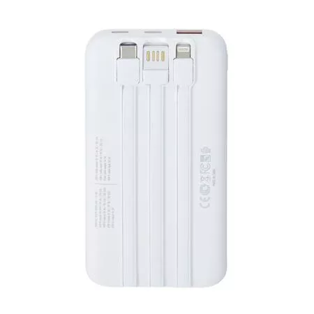Power bank, beépített kábellel, 10.000mAh, RIVACASE "VA2211", fehér