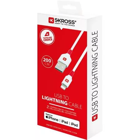 Töltőkábel, USB-A/Lightning (Apple),  2m, SKROSS, fehér