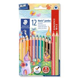   Színes ceruza készlet, háromszögletű, vastag, hegyezővel, STAEDTLER "Noris® Jumbo 128", 10+2 különböző szín