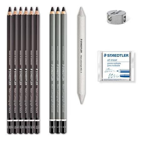 Grafitceruza készlet, hegyezővel, gyurmaradírral, STAEDTLER "Mars Lumograph 100 C", 6 különböző keménység