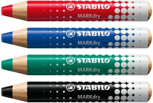 Jelölőceruza készlet, fehértáblához, flipchartpapírhoz kúpos, STABILO "MARKdry", 4 féle szín törlővel és hegyezővel