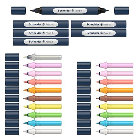Kétvégű marker készlet, 27 darabos, SCHNEIDER „Paint-It 040 Twin marker Set 2”, 10 különböző szín