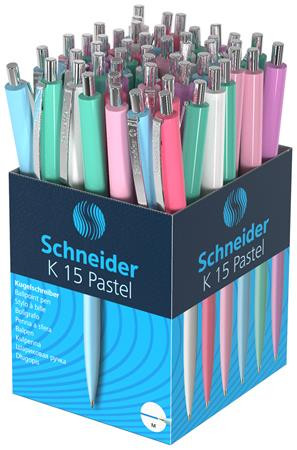 Golyóstoll, 0,5 mm, nyomógombos, vegyes pasztelt tolltest, SCHNEIDER "K15", kék