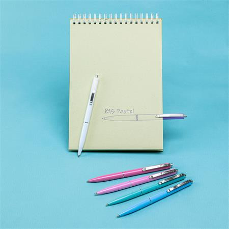 Golyóstoll, 0,5 mm, nyomógombos, vegyes pasztelt tolltest, SCHNEIDER "K15", kék