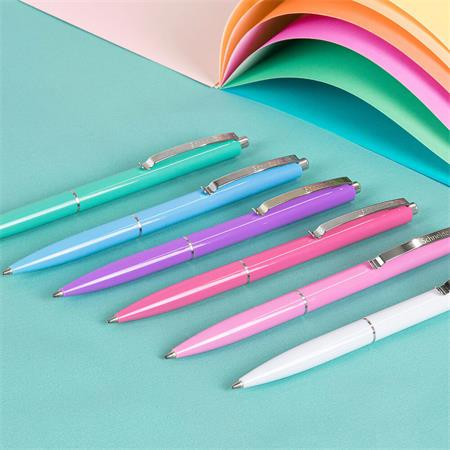 Golyóstoll, 0,5 mm, nyomógombos, vegyes pasztelt tolltest, SCHNEIDER "K15", kék