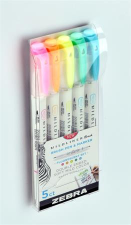 Ecsetirón készlet, kétvégű  ZEBRA "Mildliner Fluorescent", 5 szín