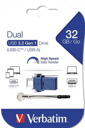 Pendrive, 32GB, USB 3.2+USB-C adapter, VERBATIM "Dual"