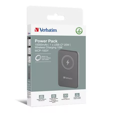 Power bank, mágneses (vezeték nélküli), 10.000 mAh, VERBATIM "MCP-10, szürke