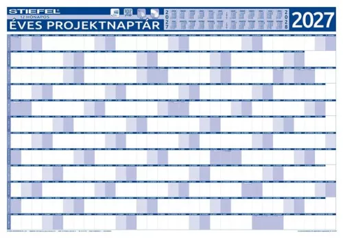 Éves tervező és projekt naptár, kétoldalas, fémléces, kék színű filctollal, 70x100 cm, 2027 évi, STIEFEL