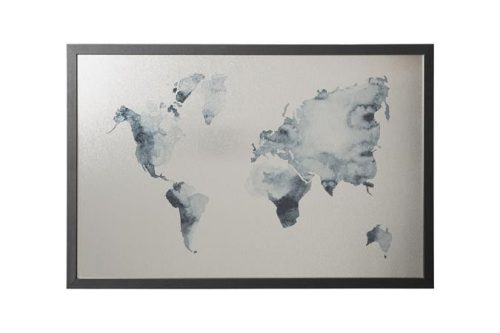 Üzenőtábla, ezüst,  mágneses, 60x40 cm, fekete  fa keret,  VICTORIA, "Világtérkép"